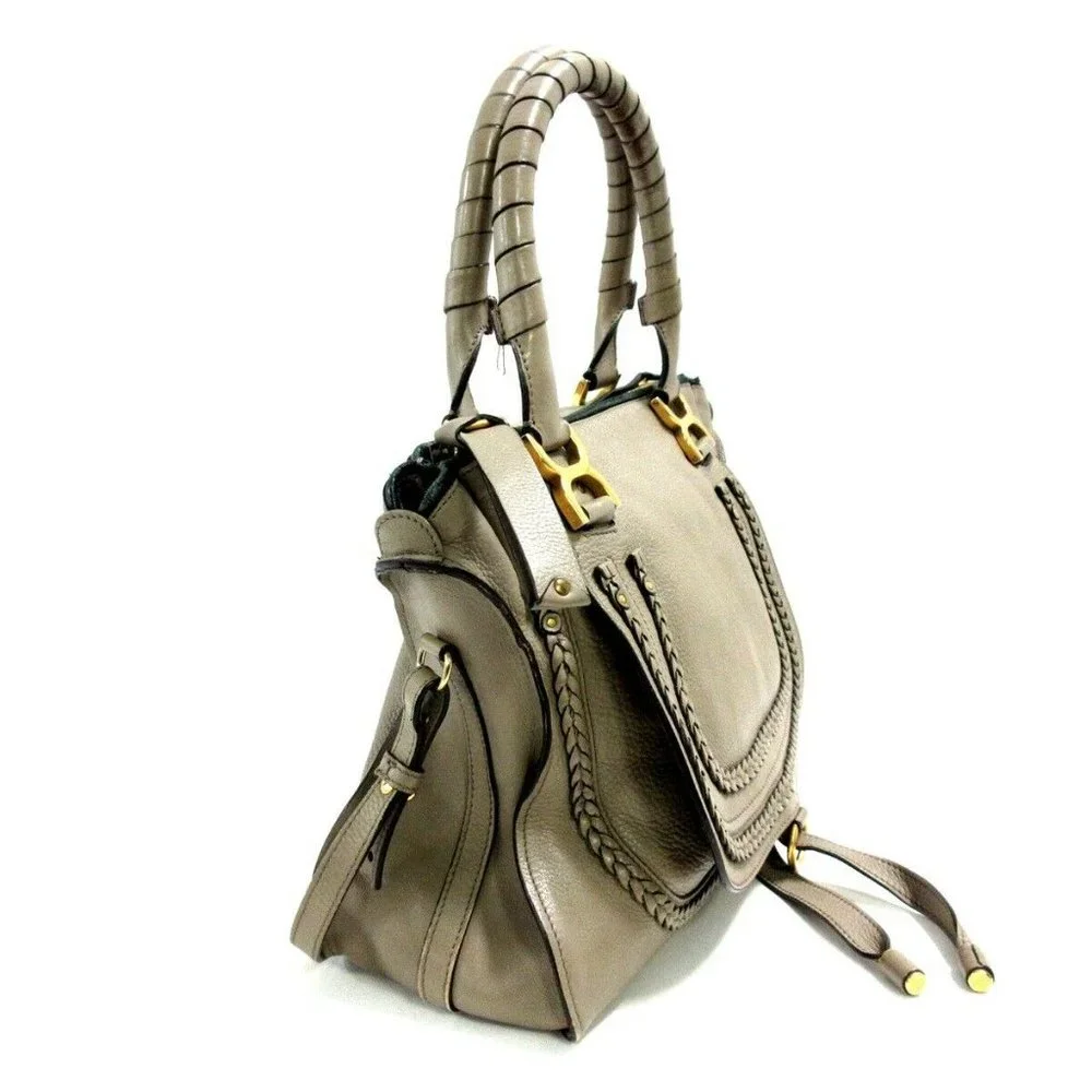 Auth Chloe Marcie Gray Beige Leather Handbag